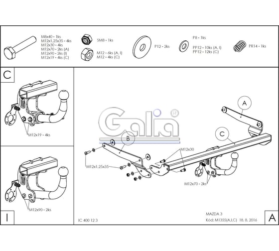 Полностью оцинкованный фаркоп GALIA для Mazda 3 седан 2013-2019 тип шара A M135A