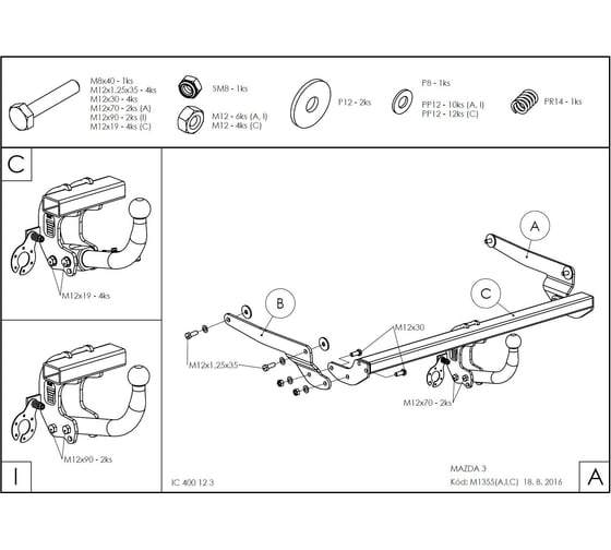 Полностью оцинкованный фаркоп GALIA для Mazda 3 седан 2013-2019 тип шара A M135A