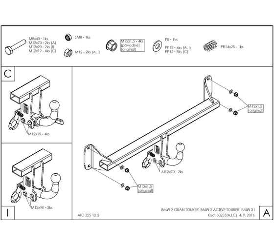 Полностью оцинкованный фаркоп GALIA для BMW X1 F48 07/2015-2022, BMW 2-Series Active Tourer F45 09/2014-, BMW 2-Series Gran Tourer F46 05/2015- быстросъемный шар B023C