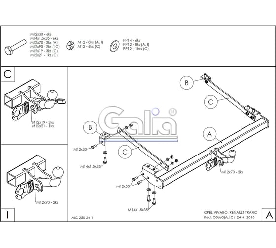 Полностью оцинкованный фаркоп GALIA для Renault Trafic 2014-, Opel Vivaro 2014-2018, FIAT Talento 2016-2020, Nissan NV300 L1,L2 2016- тип шара A O066A