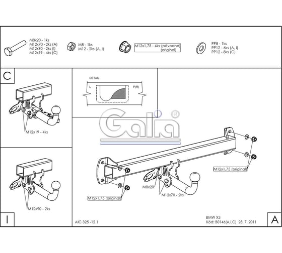 Полностью оцинкованный фаркоп GALIA для BMW X3 E83 2004-2010 тип шара A B014A