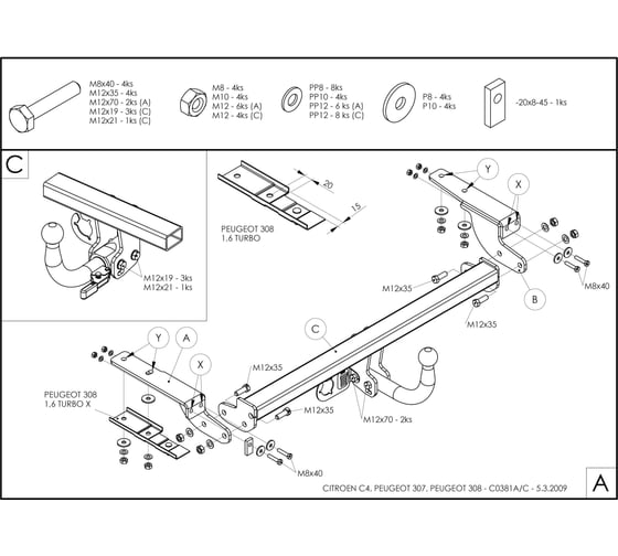 Полностью оцинкованный фаркоп GALIA для Citroen C4 седан 2012-2022, Citroen C4 хетчбек 2004-2018, Peugeot 307 хетчбек 2001-2007, Peugeot 308 хетчбек 5 дв 2007-2012 C038A