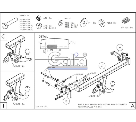 Полностью оцинкованный фаркоп GALIA для BMW 3-Series E46 седан/универсал/купе 1998-2005 тип шара A B009A