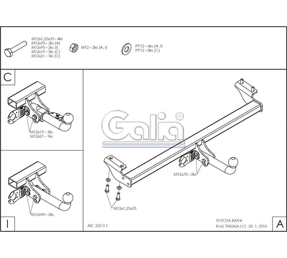 Полностью оцинкованный фаркоп GALIA для Toyota RAV4 2000-2006, Chery Tiggo 2006-2014, Vortex Tingo 2010-2013 быстросъемный шар T042C