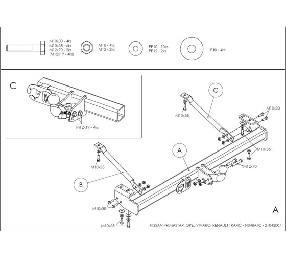 Полностью оцинкованный фаркоп GALIA для Nissan Primastar 2002-2014, Opel Vivaro 2002-2014, Renault Trafic 2002-2014 быстросъемный шар N048C