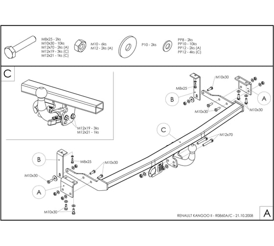 Полностью оцинкованный фаркоп GALIA для Renault Kangoo 2010-2021, Mercedes Citan 2012-2021 быстросъемный шар R086C