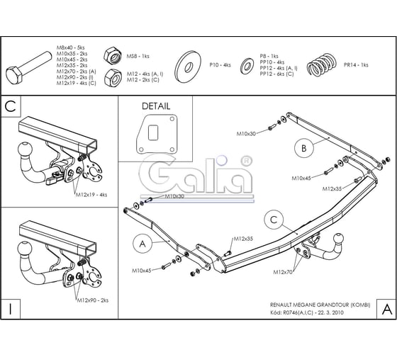 Полностью оцинкованный фаркоп GALIA для Renault Megane II 2003-2008 (classic) седан/универсал, Megane III универсал 2008-2016 быстросъемный шар R074C