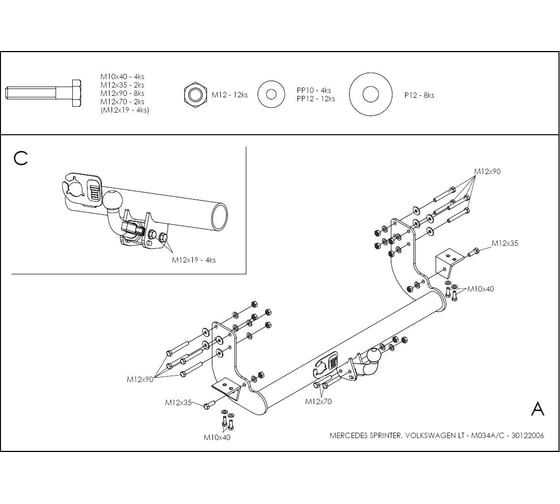 Полностью оцинкованный фаркоп GALIA для Mercedes Sprinter Classic 2013-2020, Mercedes Sprinter 1995-2006, Volkswagen LT 1995-2006 без ступеньки LWB M034C