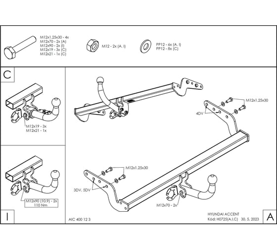 Полностью оцинкованный фаркоп GALIA для Hyundai Accent ТагАЗ седан 2000-2012, Hyundai Accent седан, хетчбек 3/5 дверей 2000-2006 быстросъемный шар H072C