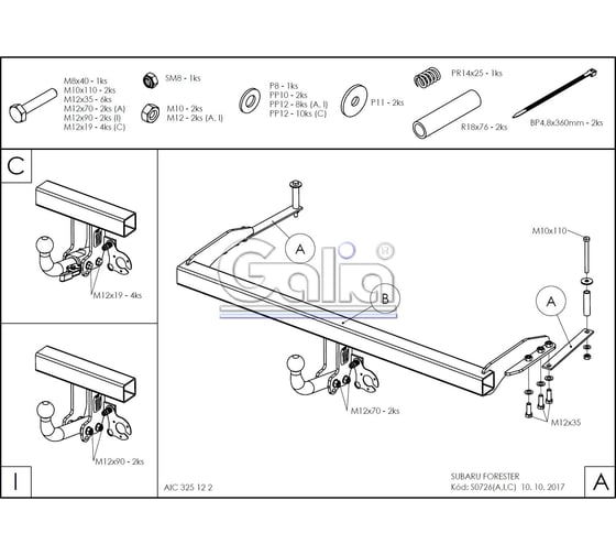 Полностью оцинкованный фаркоп GALIA для Subaru Forester 1997-2008 быстросъемный шар S072C