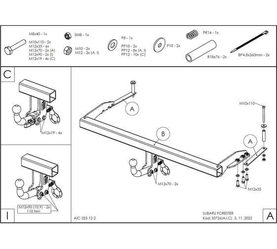 Полностью оцинкованный фаркоп GALIA для Subaru Forester 1997-2008 быстросъемный шар S072C