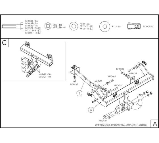 Полностью оцинкованный фаркоп GALIA для Citroen Saxo 1995-2003, Peugeot 106 1995-2003 быстросъемный шар C009C