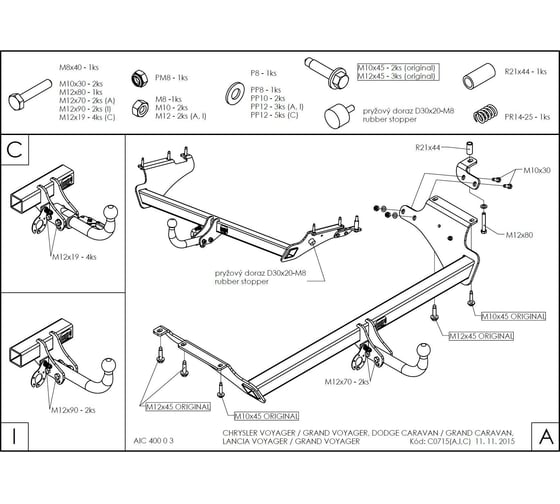 Полностью оцинкованный фаркоп GALIA для Chrysler Grand Voyager 2008-2016, в т.ч. STOWn GO, Dodge Caravan 2008-2016, Lancia Voyager 2011-2016 тип шара A C071A