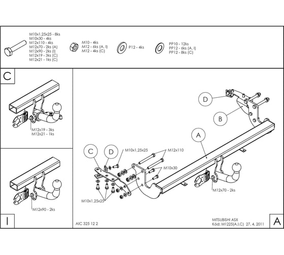 Полностью оцинкованный фаркоп GALIA для Mitsubishi Eclipse Cross 2018-, Mitsubishi ASX 2010-2022, Citroen C4 Aircross 2012-2016, Peugeot 4008 2012-2016 тип шара A M122A