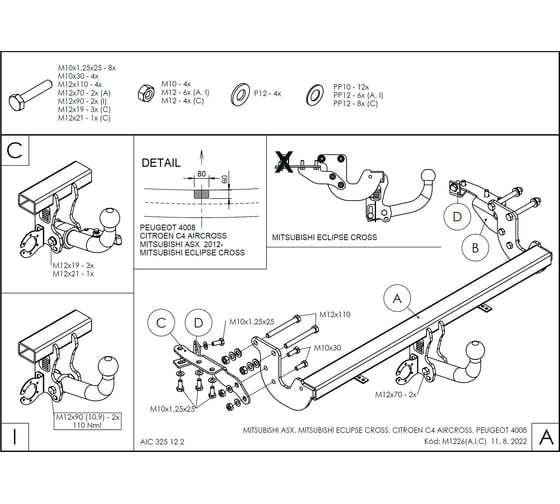 Полностью оцинкованный фаркоп GALIA для Mitsubishi Eclipse Cross 2018-, Mitsubishi ASX 2010-2022, Citroen C4 Aircross 2012-2016, Peugeot 4008 2012-2016 тип шара A M122A