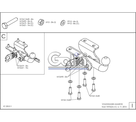 Полностью оцинкованный фаркоп GALIA для Volkswagen Amarok 2010-2022 быстросъемный шар V076C