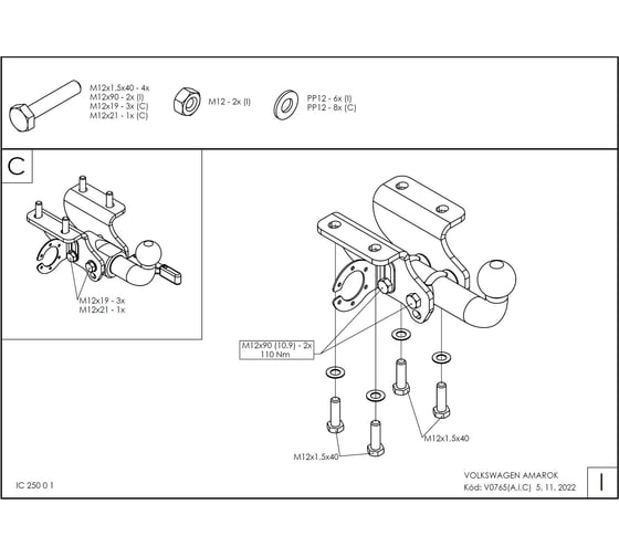 Полностью оцинкованный фаркоп GALIA для Volkswagen Amarok 2010-2022 быстросъемный шар V076C