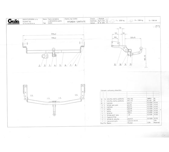 Полностью оцинкованный фаркоп GALIA для Hyundai Santa Fe 2001-2006, в т.ч. Santa Fe Classic 2007-2013 тип шара A H060A