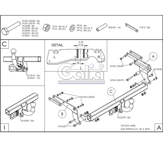 Полностью оцинкованный фаркоп GALIA для Toyota Yaris 2005-2014 быстросъемный шар T057C