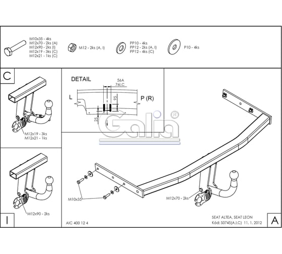 Полностью оцинкованный фаркоп GALIA для SEAT Altea 2004-2015, SEAT Leon 2005-2013 тип шара A S074A