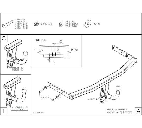 Полностью оцинкованный фаркоп GALIA для SEAT Altea 2004-2015, SEAT Leon 2005-2013 тип шара A S074A