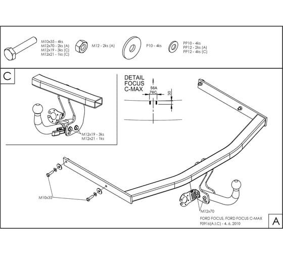 Полностью оцинкованный фаркоп GALIA для Ford Focus III хетчбек 2011-2019, Ford Focus II хетчбек 3/5 дверей 2004-2011, Ford C-MAX 2003-2011, 2011-2019 F091C