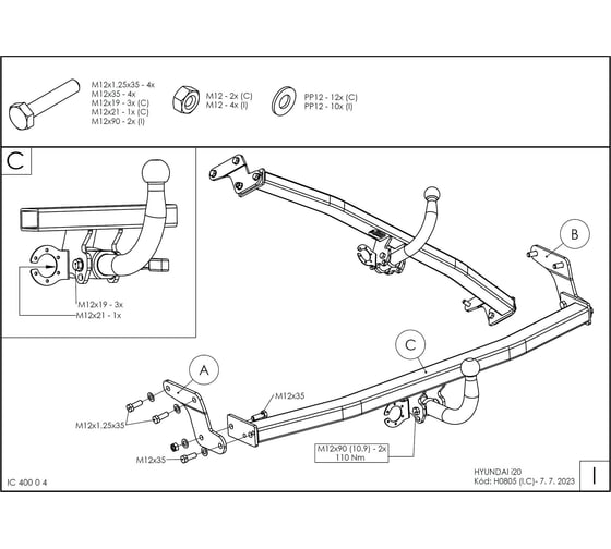 Полностью оцинкованный фаркоп GALIA для Hyundai i20 2008-2014 быстросъемный шар H080C