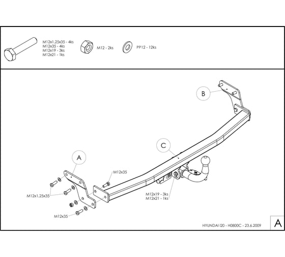 Полностью оцинкованный фаркоп GALIA для Hyundai i20 2008-2014 быстросъемный шар H080C