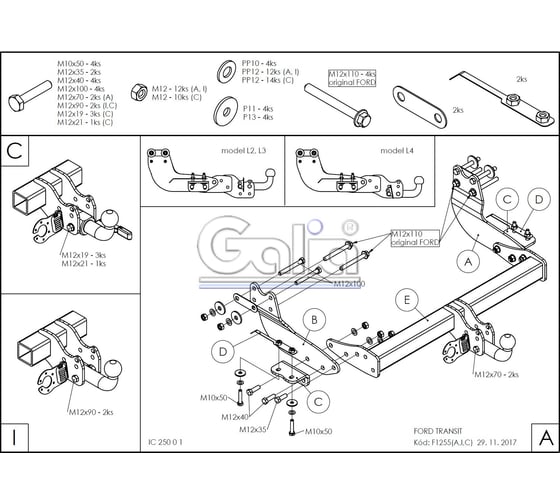 Полностью оцинкованный фаркоп GALIA для Ford Tourneo 2013-, Ford Transit 2013- быстросъемный шар F125C