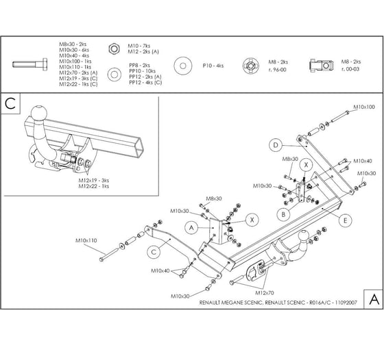 Полностью оцинкованный фаркоп GALIA для Renault Scenic I 1996-2003 быстросъемный шар R016C