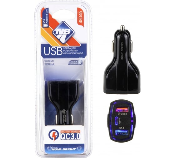 Зарядное устройство для мобильного устройств Nova Bright 2 USB порта+Type-C, QC3.0 (функция быстрой зарядки), 3100 мА, LED индикатор, 12/24 В 48046 1