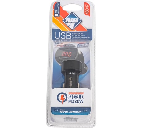 Зарядное устройство для мобильного устройств Nova Bright USB-порт+Type-C, QC3.0 (функция быстрой зарядки), 6000 мА, цифровой LED вольтметр,12/24 В 48047