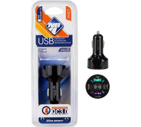 Зарядное устройство для мобильного устройств Nova Bright  2 USB порта + 2 Type-C, QC3.0 (функция быстрой зарядки), 3100 мА, LED индикатор, 12/24В 39601 1