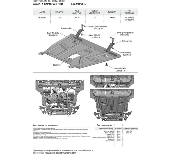 Защита картера и КПП АвтоБРОНЯ для Changan CS75 АКПП 2015-2020 2020-н.в., с крепежом 111.08905.1