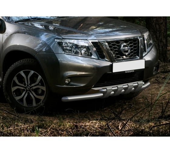 Защита переднего бампера d57+d42 с профильной защитой картера Rival для Nissan Terrano III 2014-2017 2017-н.в., нерж. сталь, R.4119.001