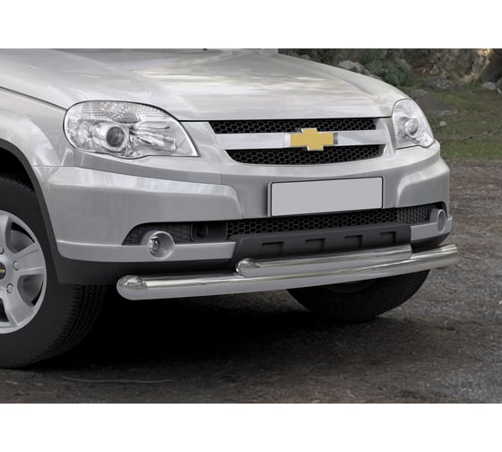 Защита переднего бампера d76+d57 Rival для Chevrolet Niva I рестайлинг 2009-2020, нерж. сталь, R.1004.002