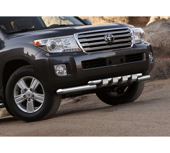 Защита переднего бампера d76+d57 с профильной защитой картера Rival для Toyota Land Cruiser 200 рестайлинг 2012-2015, нерж. сталь, R.5713.001