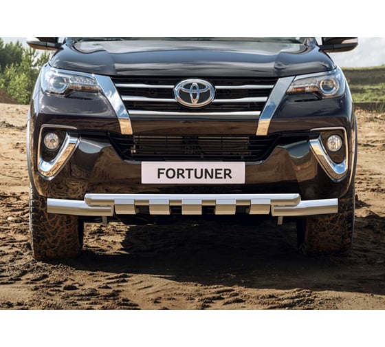 Защита переднего бампера d76+d57 с профильной защитой картера Rival для Toyota Fortuner II 2017-2020, нерж. сталь, R.5720.003