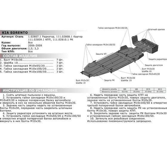 Защита КПП АвтоБРОНЯ для Kia Sorento 2006-2009, сталь 2 мм, с крепежом, 111.02809.1