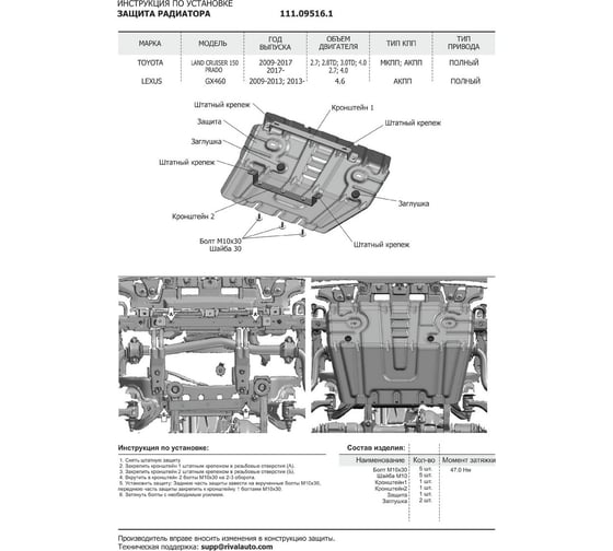 Защита радиатора АвтоБРОНЯ ч.1 Lexus GX 460 2009-н.в/Toyota LC 150 Prado 2009-н.в, st 2mm, 111.09516.1