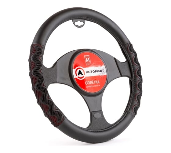 Оплётка руля AUTOPROFI экокожа, размер М AP-1948 BK RD M 1