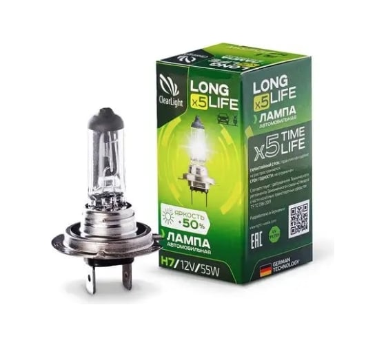 Лампа Clearlight longlife h7, 12v, 55w, блистер 1 шт MLH7LL1B