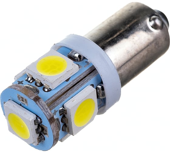 Автолампа диод SKYWAY T9, 12V, 5 SMD, блистер с цоколем, 1-контакт, белая, комплект 2 шт., габариты, номер S08201362