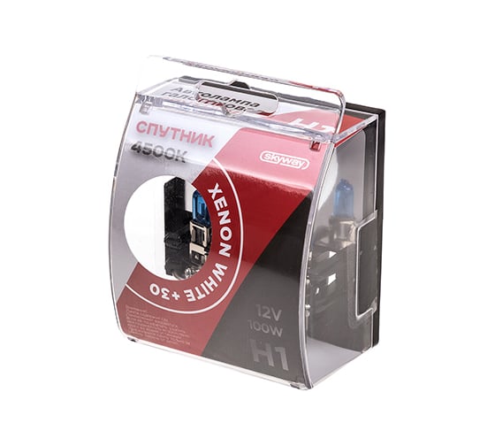 Автолампа SKYWAY H1, 12V, 100W, 1-контакт, XENON WHITE+30 4500 К, СПУТНИК, 2 шт, ближний, дальний свет, S09101018