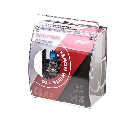 Автолампа SKYWAY H3, 12V, 55W, 1-контакт, xenon white+30, 4500К, спутник 2 шт, ближний, дальний свет S09101032
