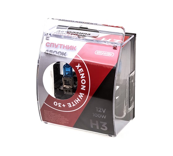 Автолампа SKYWAY H3, 12V, 100W, 1-конт спутник, xenon white+30, 4500К, 2 шт Ближний, дальний свет S09101030