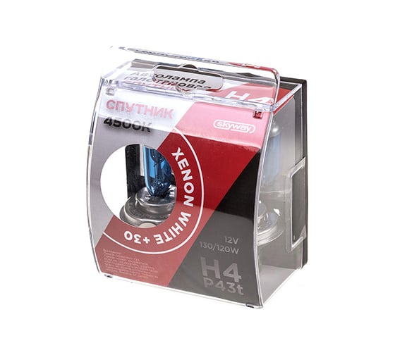Автолампа SKYWAY H4, 12V, 130/120W, P43t, 2-контакт, xenon white+30, 4500К, спутник, 2 шт, ближний, дальний S09101039