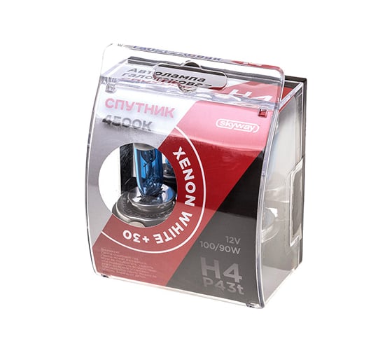 Автолампа SKYWAY XENON WHITE+30, H4, 12V, 100/90W, P43t, 2-контакта, 4500 К, 2 шт S09101037