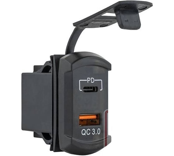 Розетка-USB РИФ Type PD QC 3.0 с вольтметром, синяя подсветка RIF22-4-41480