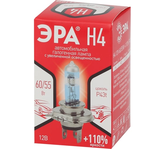 Автолампа ЭРА, H4 12V 55W 110% P43t, лампа головного света, Б0036778